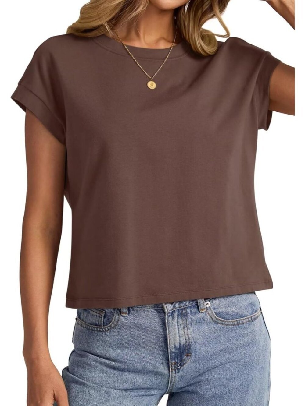 〽️Women's Brown Cap Sleeve Crewneck Loose Fit Casual Summer Pull On Crop Tops